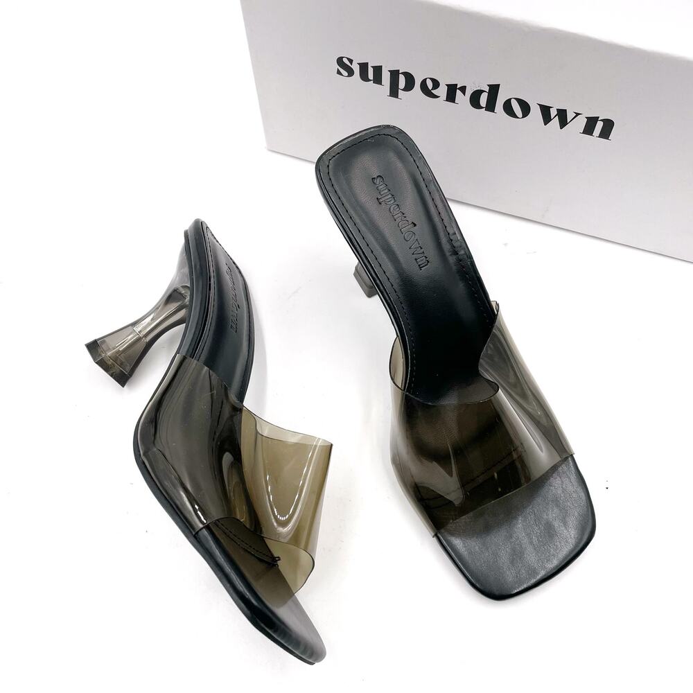 Superdown Jacey Heels *FLAW* Sz 6 Black Slides Sz 6 Clear PVC Square Toe